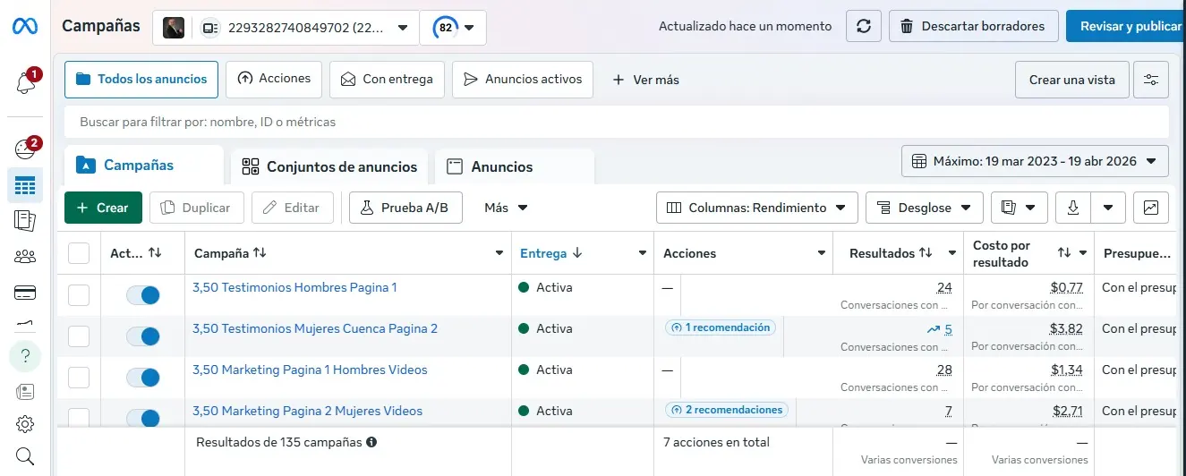 Facebook Ads campaign screenshot showing live advertising strategy