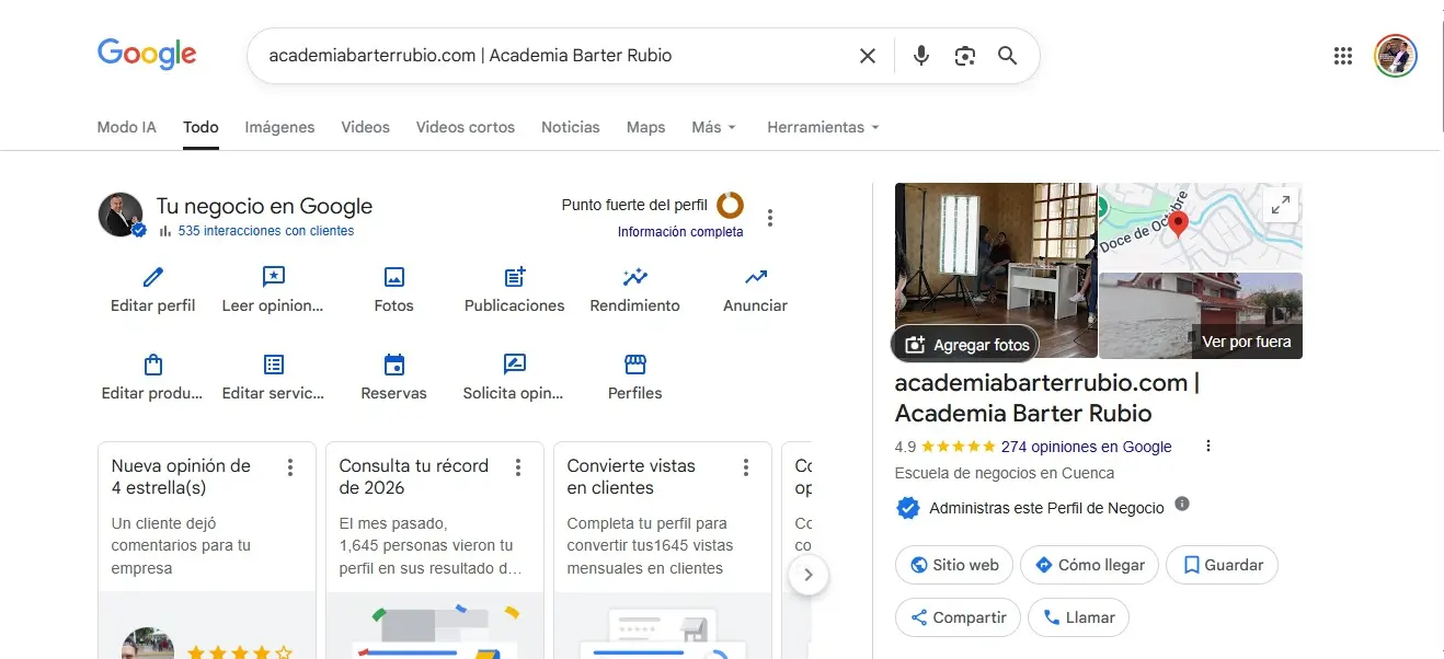 Google My Business profile optimization example showing complete business information